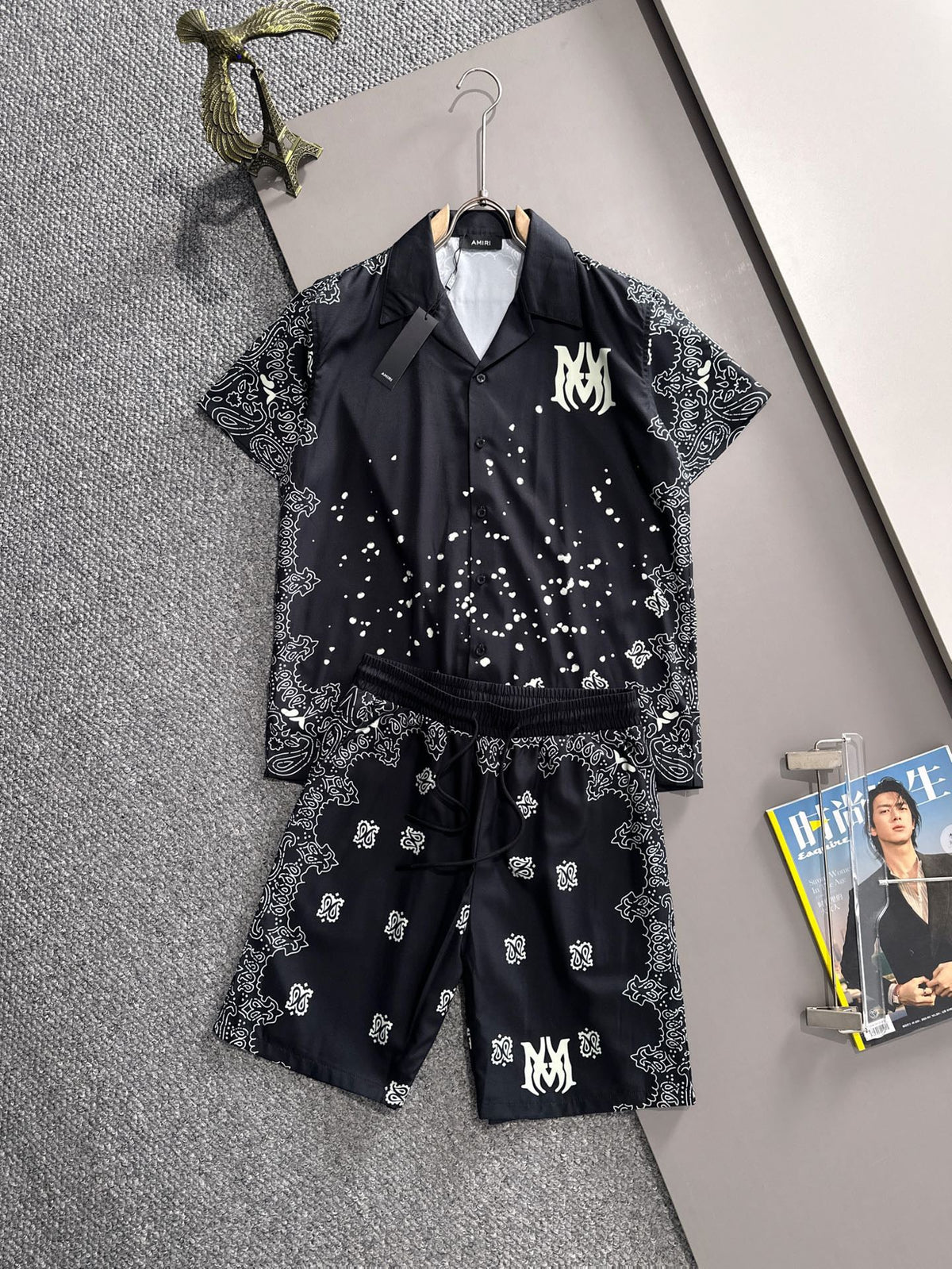 AMIRI MA Logo Bandana Border Bleach Splatter Camp Collar Shirt and Shorts Set