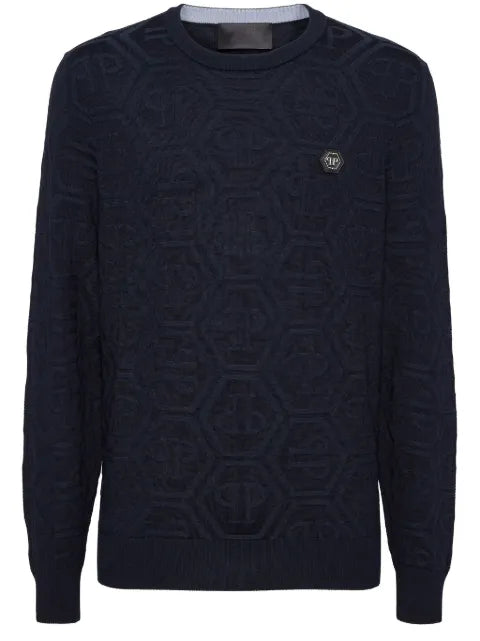 Philipp Plein jacquard silk wool pullover round neck LS monogram
