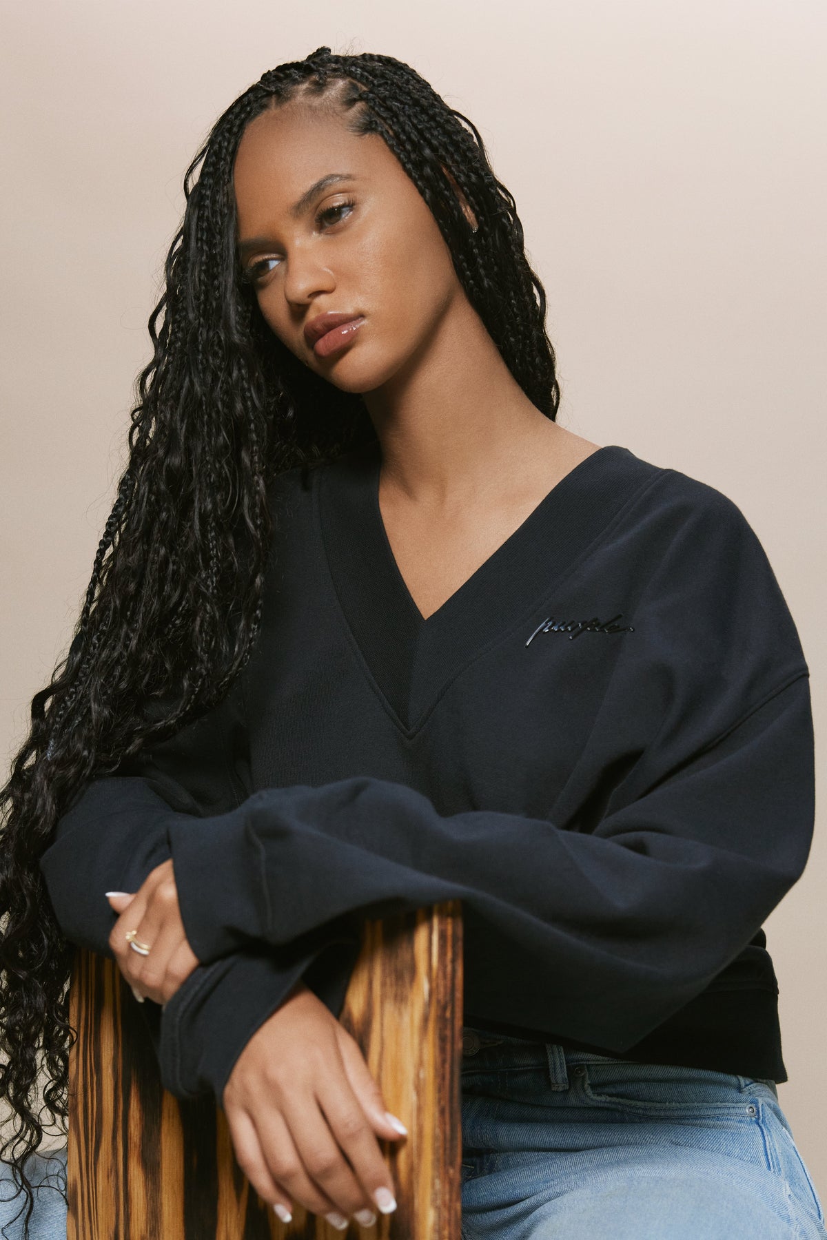 Script Oversized V Neck Top