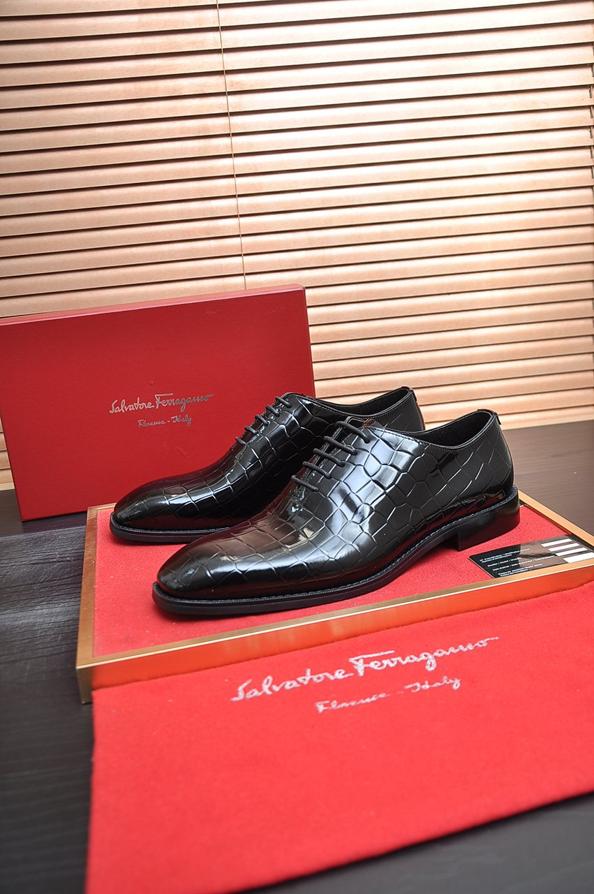 Ferragamo Black Embossed Lace-Up Dress Shoes