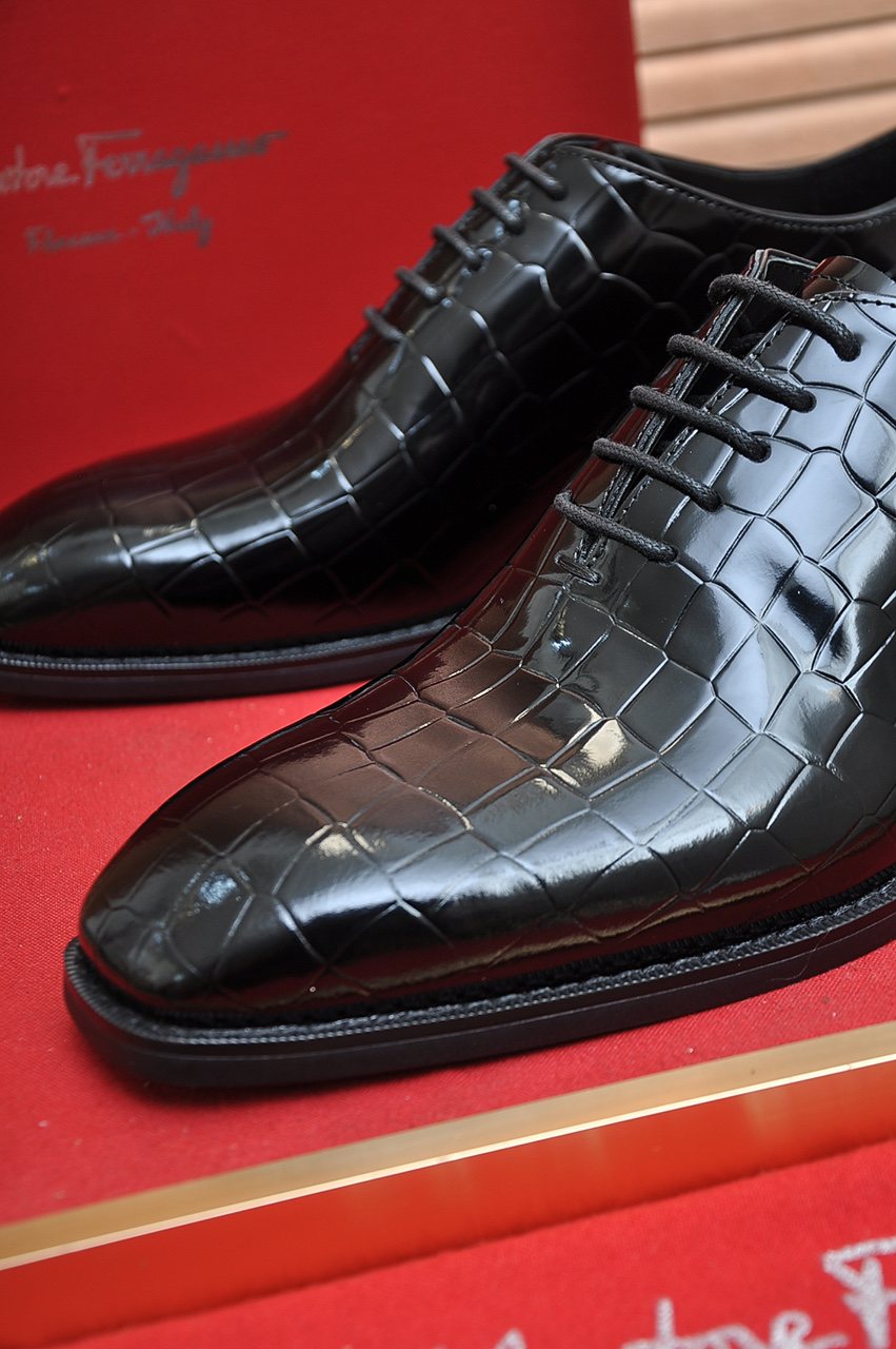 Ferragamo Black Embossed Lace-Up Dress Shoes
