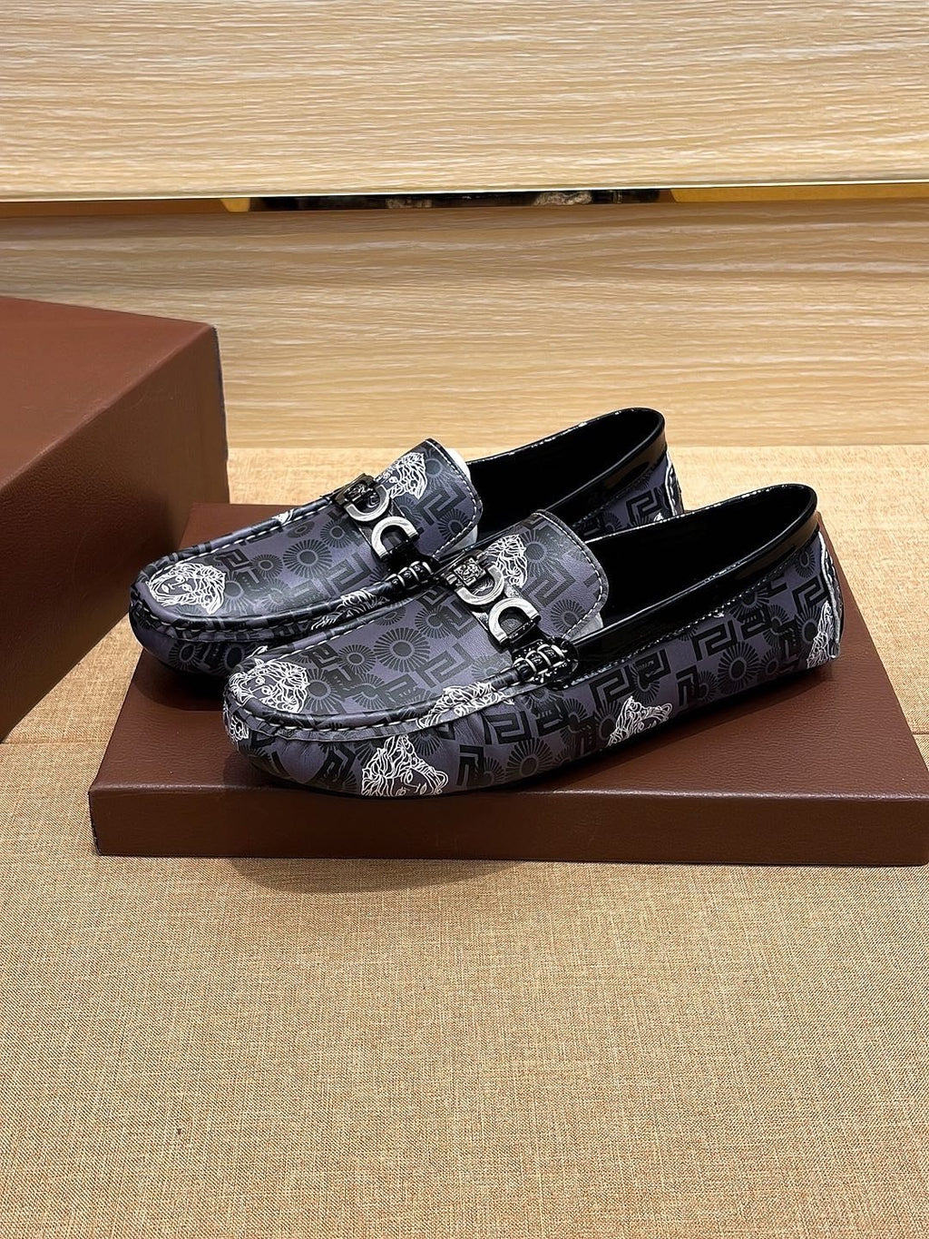 Versace Black and Gray Patterned Loafers