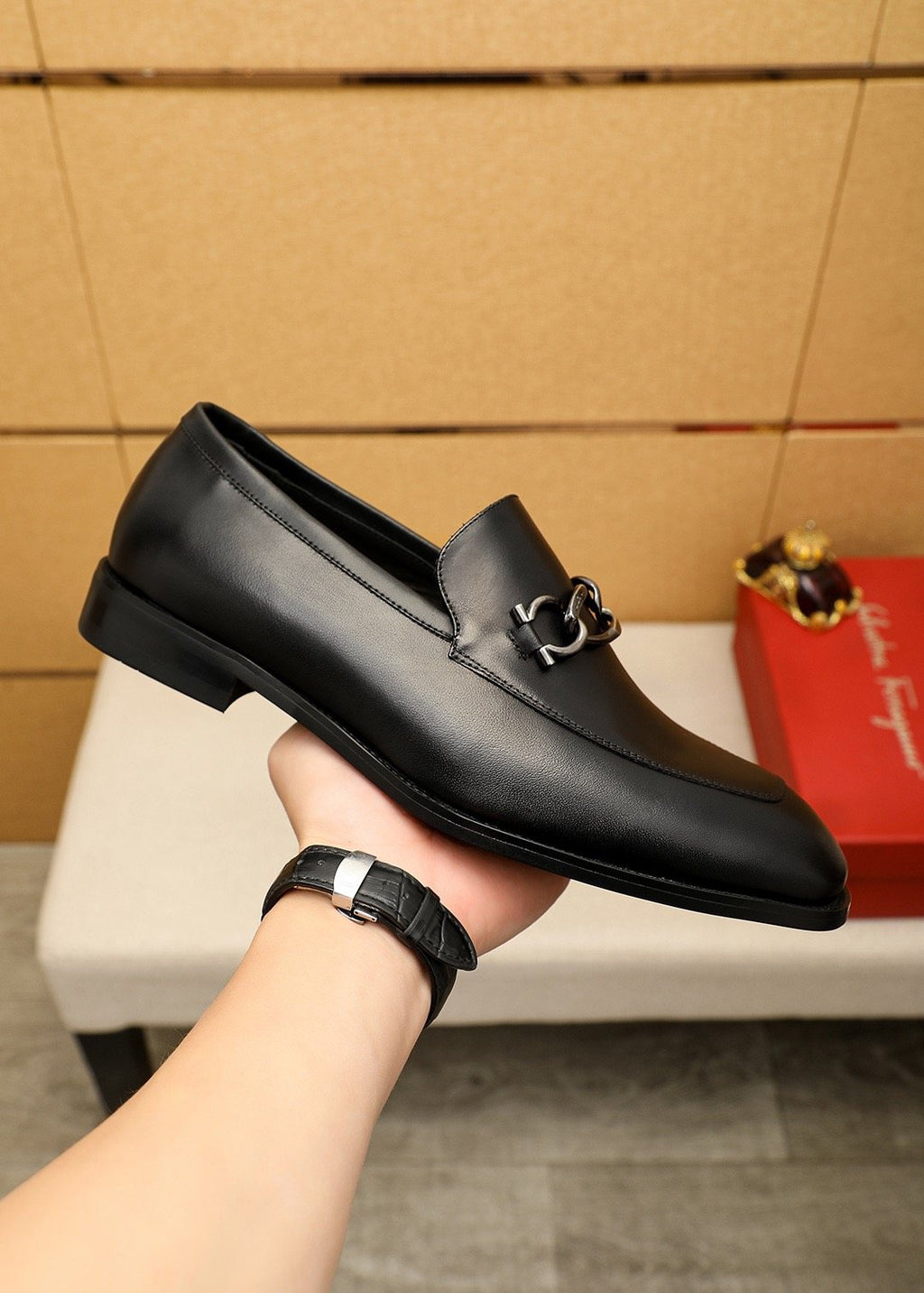 Ferragamo Men's Black Bit Loafers - Metal Bit Vamp Detail