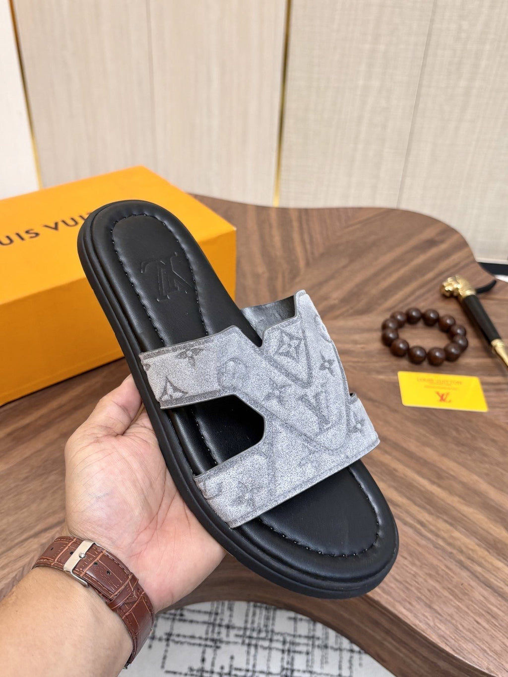 Louis Vuitton Light-Gray Patterned Slide Sandals