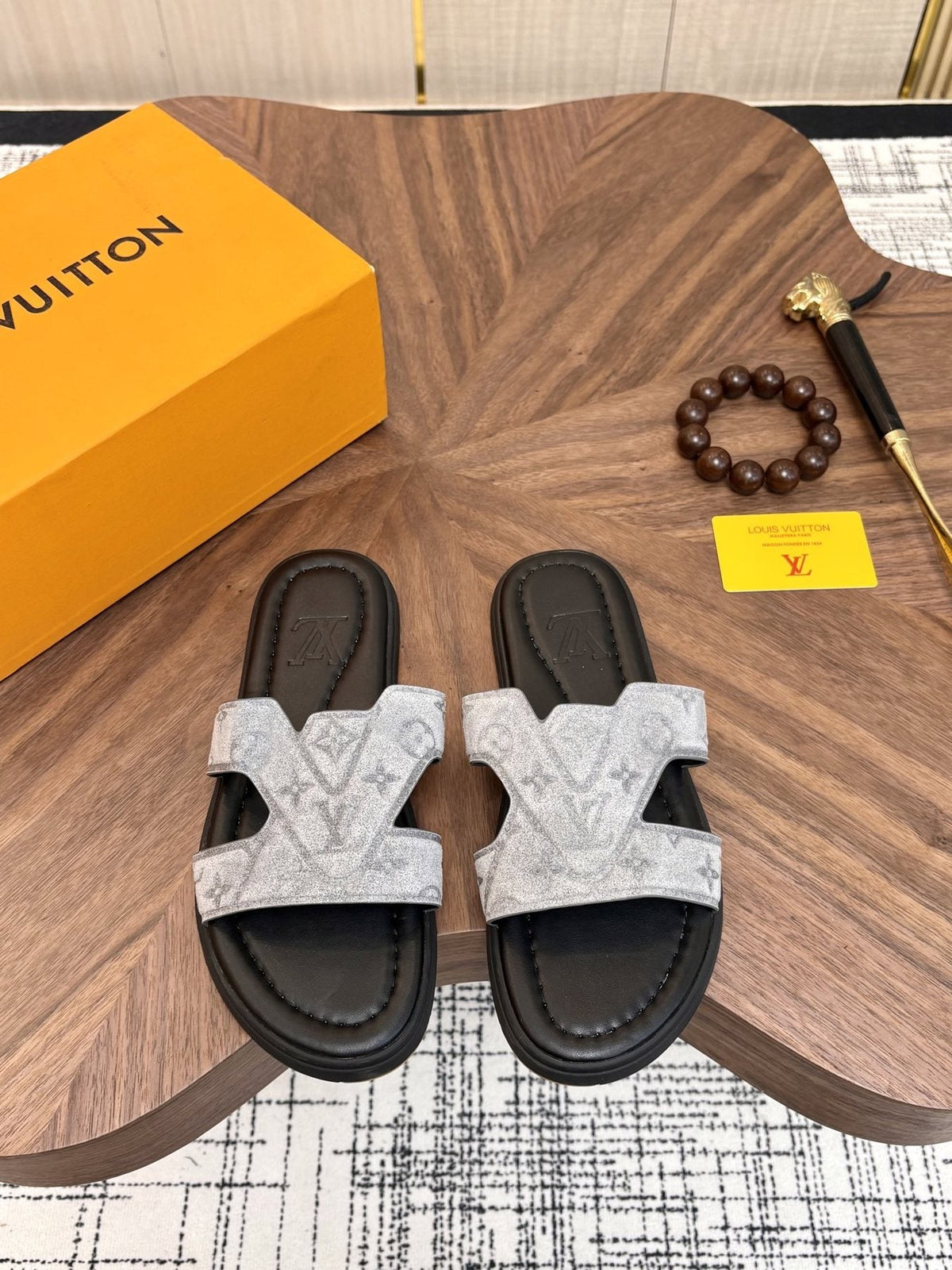 Louis Vuitton Light-Gray Patterned Slide Sandals