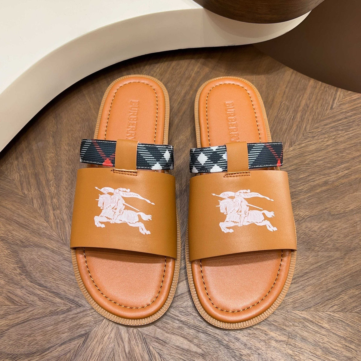Burberry Plaid-Trim Slide Sandals