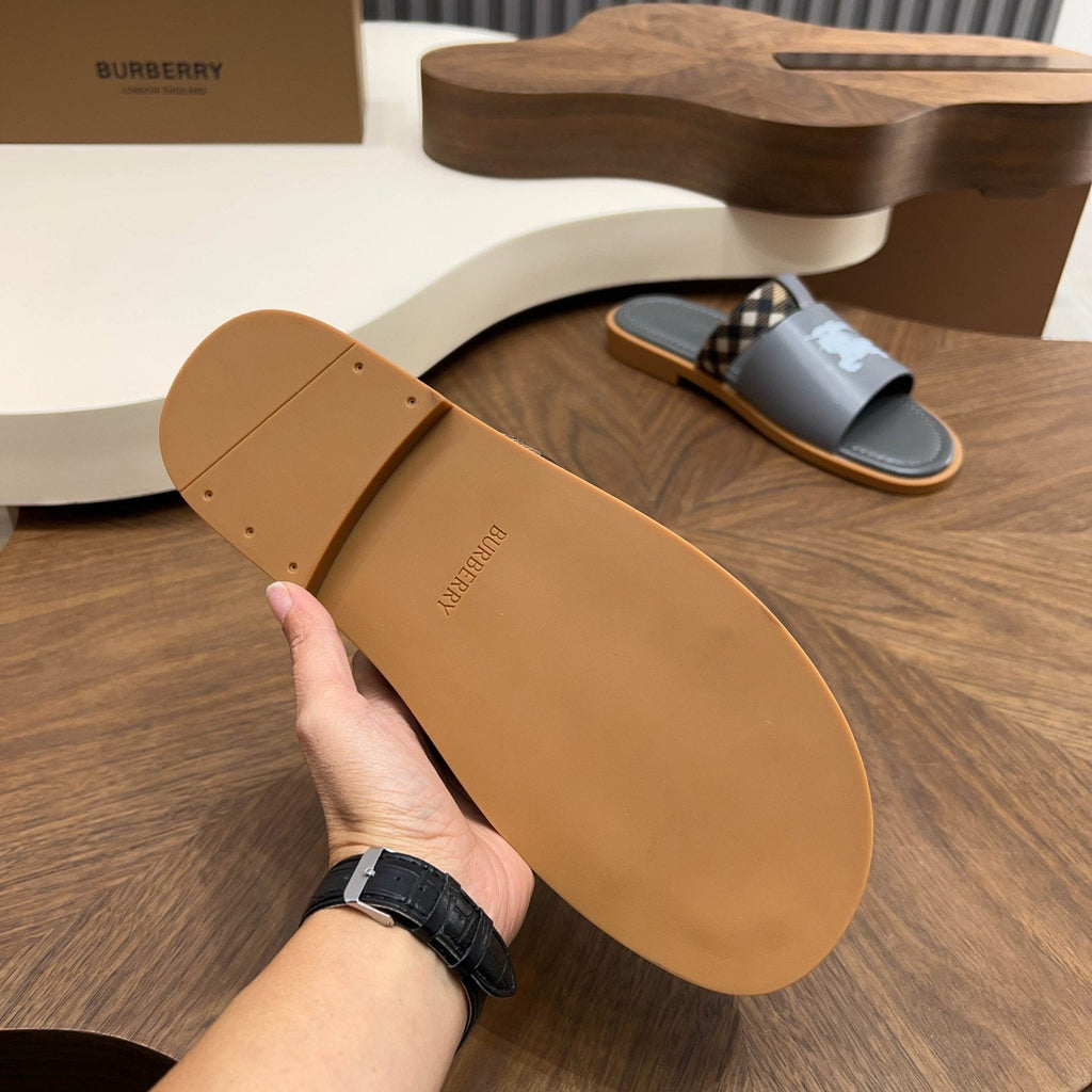 Burberry Plaid-Trim Slide Sandals