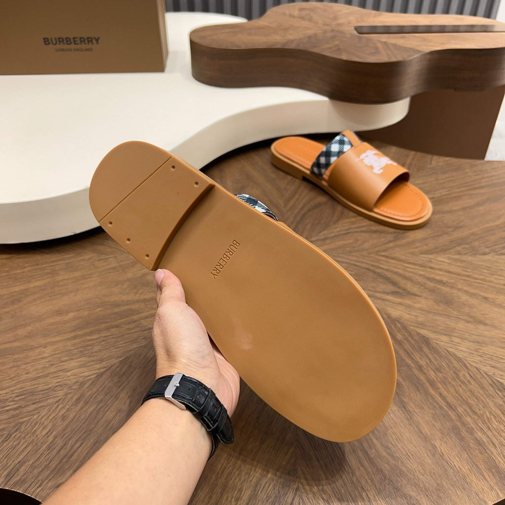 Burberry Plaid-Trim Slide Sandals