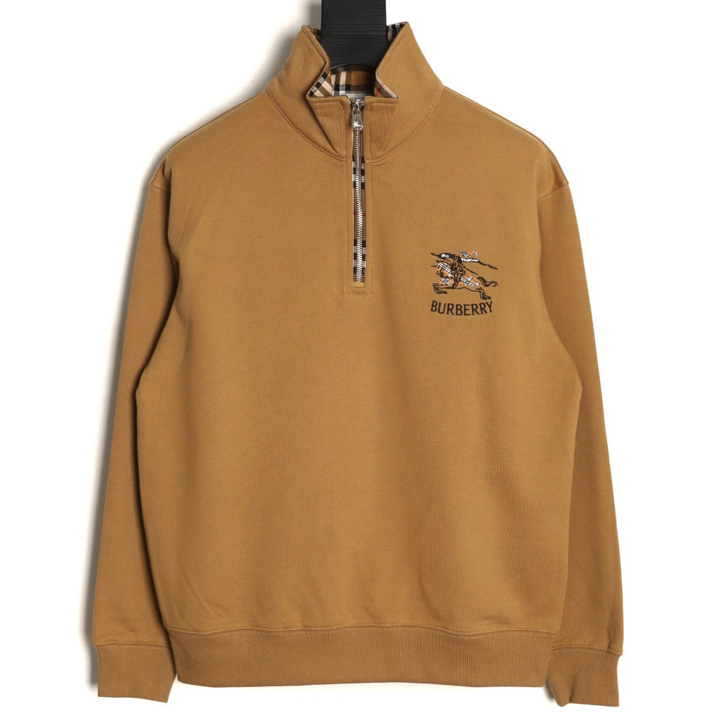 Burberry Equestrian-Detail Collared Half-Zip Sweatshirt - Camel